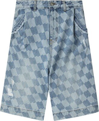 Distressed Checkerboard-Print Shorts