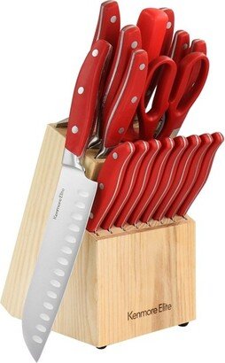 Elite 18 Piece Stainless Steel Cutlery and Wood Block Set in Red