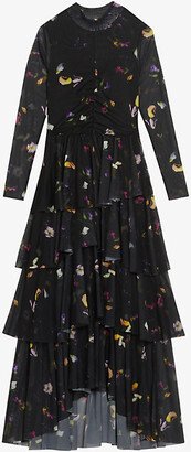 Womens Black Floral-print Tiered-skirt Stretch-woven Midi Dress