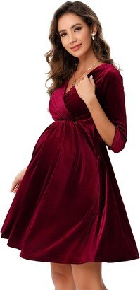 FUNJULY Maternity Dress Women's Velvet Retro V-Neck A-Line Sexy Photoshoot Dress Holiday Dress Evening Dress Wedding Guest Wine Red 2XL