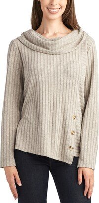 Juniors' Cowlneck Button-Trimmed Ribbed Sweater