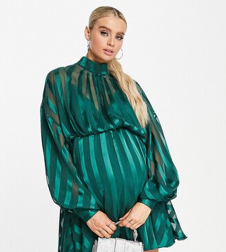 ASOS DESIGN Maternity satin stripe wrap neck mini dress with blouson sleeves in green