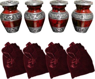 Cremation Urn, Keepsake Urns, Red & Silver Funeral Tokens, Set Of Four Token Urns With Bags