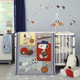 Snoopy Sports Gray/Blue/Yellow/Red 3-Piece Nursery Baby Crib Bedding Set