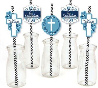 Big Dot of Happiness First Communion Blue Elegant Cross - Paper Straw Decor - Boy Religious Party Striped Decorative Straws - Set of 24