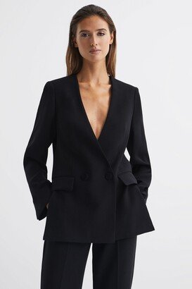 Collarless Double Breasted Suit Blazer