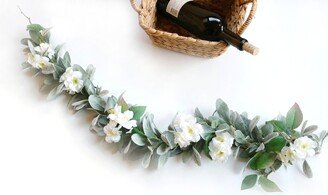 Lambs Ear Garland White Cherry Blossom | Handmade Greenery Boho Table Runner Year Around Fireplace Mantel Decor Wedding Centerpiece