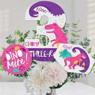 Big Dot of Happiness 3rd Birthday Roar Dinosaur Girl - Three Rex Dino Third Birthday Party Centerpiece Sticks - Table Toppers - Set of 15