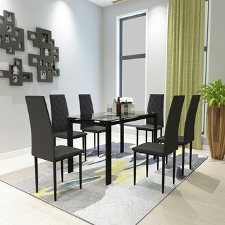 GEROJO Stunning 7-Piece Diamond Dining Table Set with Glass Top and 6 PU Leather Chairs