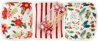 Christmas Pattern Triple Tidbit Set, dish 4 1/2 x 11 | toothpicks 3 1/4, Red