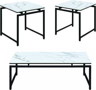 3 Piece Metal Base Table Set with Faux Marble Top, Black and White