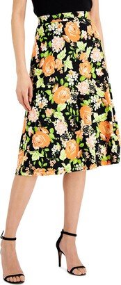 Petites Womens Floral Print Pull On Midi Skirt