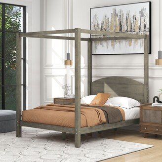 Calnod Full Size Canopy Platform Bed with Vintage Headboard, Brown Wash, Bedroom Furniture