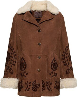 Embroidered Suede Shearling Short Coat