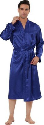 Lars Amadeus Mens Satin Robe Sleep Solid Nightdress Long Sleeve Sleepwear Pajama Dress Bathrobe Blue Large