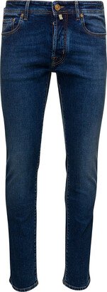 Blue Slim Five Pockets Jeans With Logo Patch In Stretch Cotton Denim Man