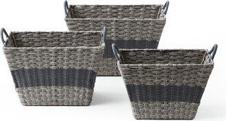 3 Piece Rectangular Faux Wicker Storage Bin Set in Combo Weave with Cut Out Handles