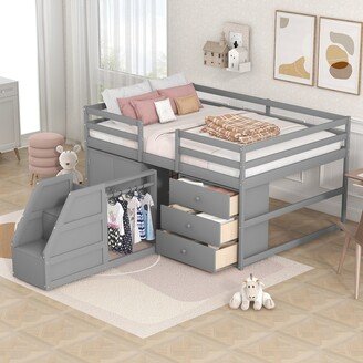 IGEMAN Full Size Wood Functional Loft Bed with Cabinet, 3 Drawers & Hanging Clothes at The Back of The Staircase, Maximum Space Design