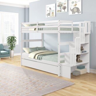EYIW Twin over Twin Size Pine Wood Bunk Bed with Twin Size Trundle Bed, Storage Staircase and Open Shelves