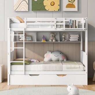 EDWINRAY Twin-Over-Twin Wooden Playhouse Bunk Bed with Twin Trundle, Separable Bunk Bed with Bookshelf, White