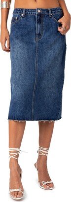 EDIKTED Mirah Raw Hem Denim Midi Skirt