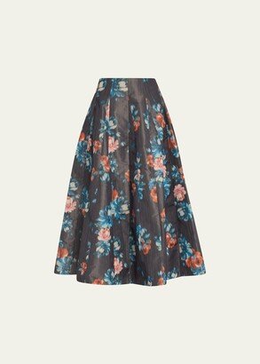 Floral Ikat Godet-Panel Midi Skirt