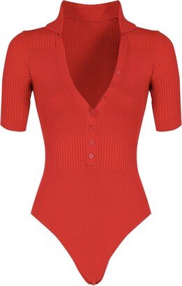 V-Neck Buttoned Knitted Bodysuit-AC