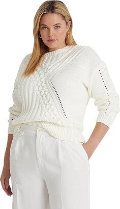 Plus Size Cotton-Blend Crew Neck Sweater (White) Women's Clothing