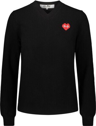 V-neck Sweater With Red Pixelated Heart