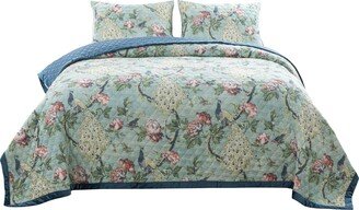 Eden 2 Piece Twin XL Quilt Set, Peacock and Songbirds, Green Microfiber