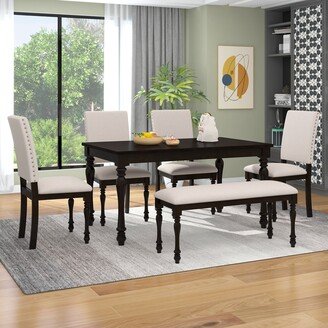 Sunmory Neoclassical Style Dining Table Set for 6, Dining Table and 4 Kitchen Room Chairs&Bench, 6 Piece Kitchen Table Set,Espresso