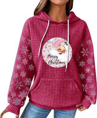 Generic Christmas Hoodie Long Sleeve Tops Christmas Theme Drawstring Hoodie Pocket Pullover Loose Sweatshirt (Hot Pink