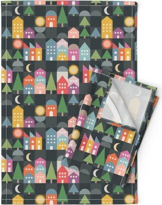 Village Tea Towels | Set Of 2 - Cheerful Checks By Carey Copeland Houses Trees Check Shapes Linen Cotton Spoonflower