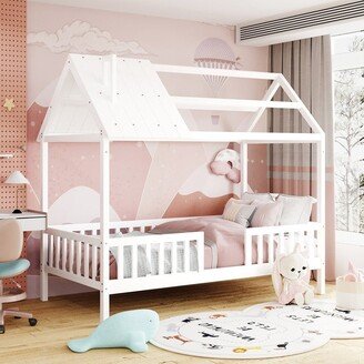 Aoolive Twin/Full Size Wood House Bed with Safety Full-Length Fence, Playhouse Design Tent Bed Platform Bed Frames with Roof