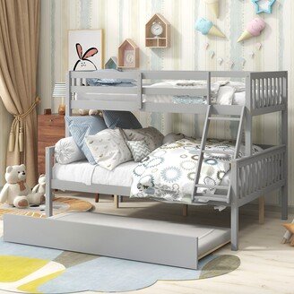 TOSWIN Modern Pine Wood Full Over Full Bunk Bed with Trundle, Convertible to 2 Platform Bed with Ladder and Safety Rails