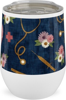 Travel Mugs: Floral Nurse Melody - Nursing - Blue Stainless Steel Travel Tumbler, 12Oz, Pink