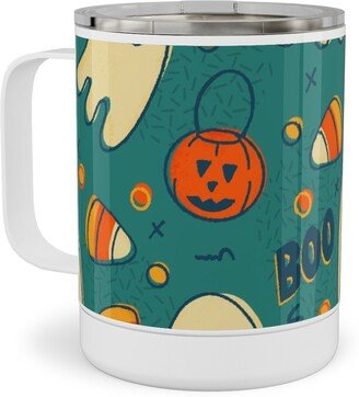 Travel Mugs: Candy Corn And Ghosts - Green Stainless Steel Mug, 10Oz, Multicolor