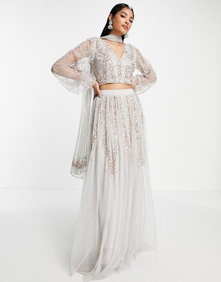 all over embellished lehenga maxi skirt in gray