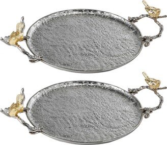 19 Inch Decorative Tray, Perched Birds, Silver Metal, Medium, Set of 2