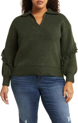 Fringe Trim Johnny Collar Polo Sweater