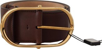 Dark Brown Leather Gold Metal Wide Waist Buckle Women's Belt