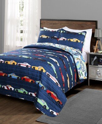 Race Cars Reversible 3-Piece Full/Queen Quilt Set