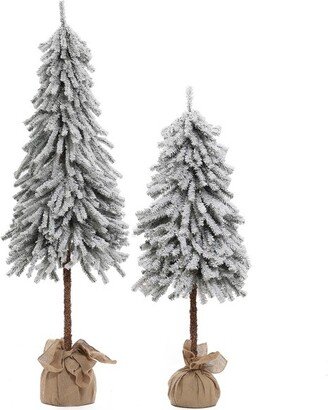 LuxenHome Set of 2 Pre-lit Snow-Flocked Potted Artificial Christmas Tree White