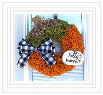 Hello Pumpkin Fall Burlap Wreath - Autumn Wreaths, For Fall, Buffalo Plaid Wreath