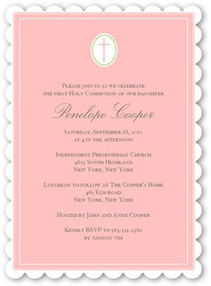 First Communion Invitations: Communion Cross Pink Communion Invitation, Pink, Pearl Shimmer Cardstock, Scallop
