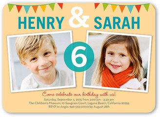 Twin Birthday Invitations: Bunting Abound Twin Birthday Invitation, Beige, Matte, Signature Smooth Cardstock, Rounded