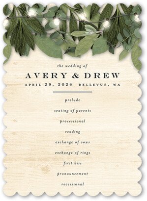 Wedding Program Cards: Lit Foliage Wedding Program, Beige, 5X7 Flat Program, Matte, Signature Smooth Cardstock, Scallop