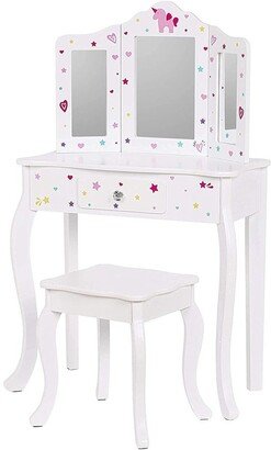 Pretend Play Kids Vanity Table and Chair Vanity Set with Mirror Makeup Dressing Table with Drawer,Play Vanity Set