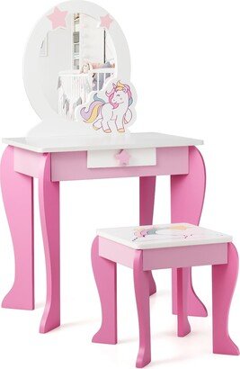 Kids Vanity Set with Mirror Wooden Princess Makeup Table and Stool Set