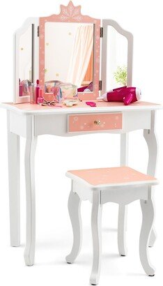 Kid Vanity Set Wooden Makeup Table Stool Tri-Folding Mirror